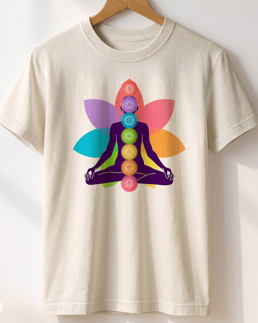 Yoga Chakras- White Round Neck Yoga T-shirt