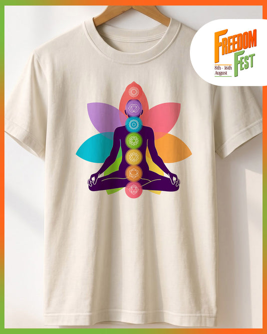 Yoga Chakras- White Round Neck Yoga T-shirt