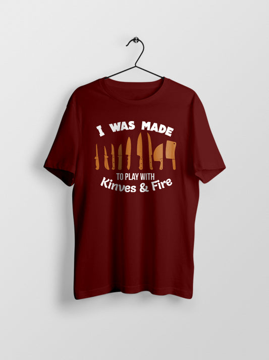 Play with Knives & Fire- Maroon Crew Neck Chef T-shirt