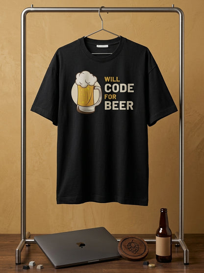 Will Code for Beer- Black Round Neck Coding T-shirt