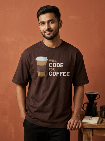 Will Code for Coffee- Coffee Brown Round Neck Coding T-shirt