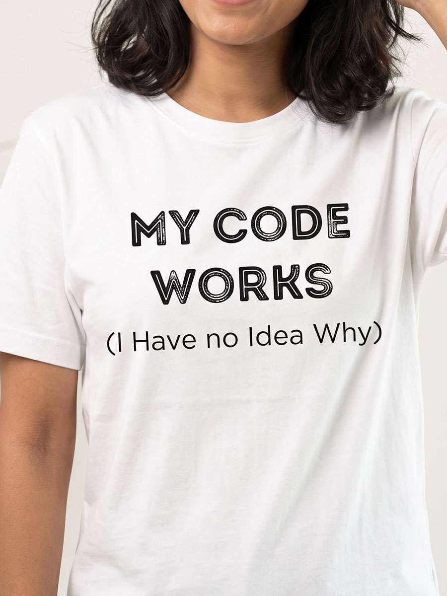 My Code Works- White Round Neck Coding T-shirt