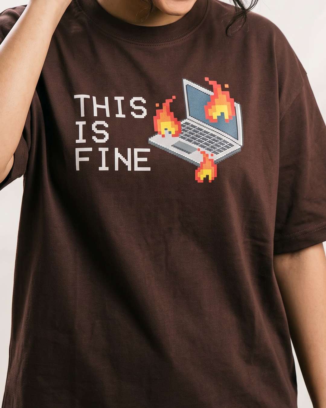 This is fine - Coffee Brown Coding Round Neck T-shirt
