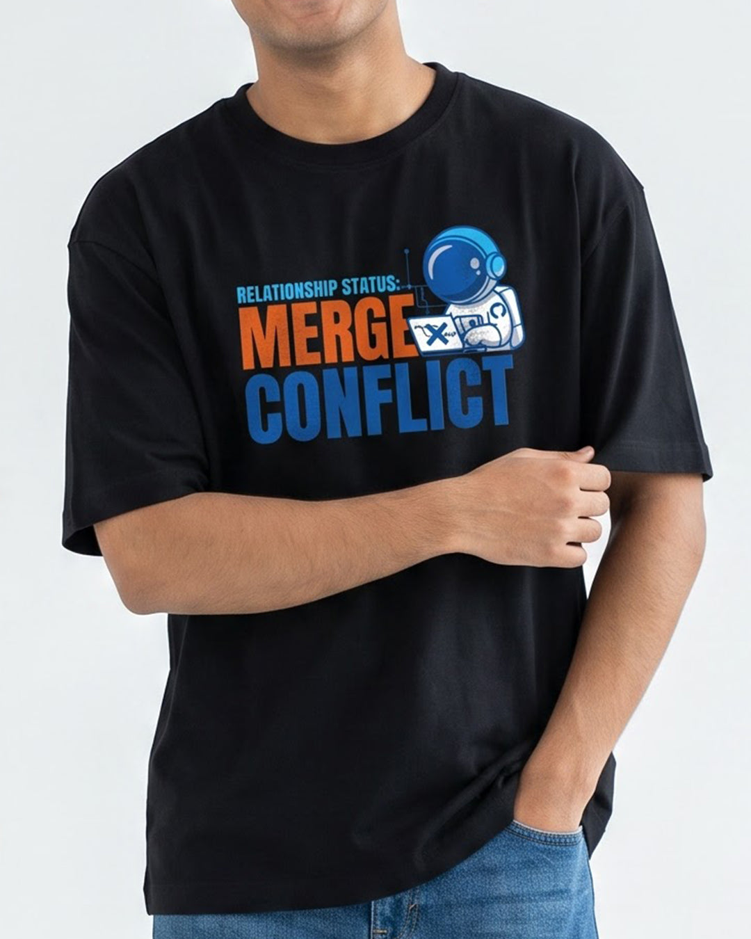 GIT Merge Conflict- Black Round Neck Coding Tshirt