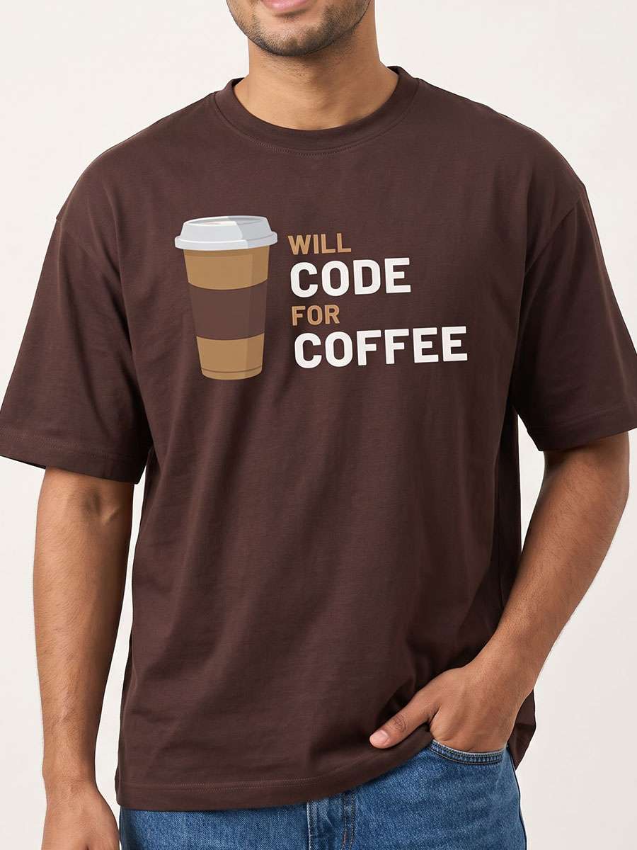 Will Code for Coffee- Coffee Brown Round Neck Coding T-shirt