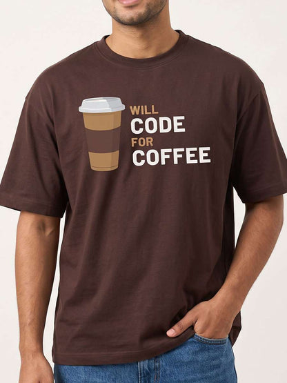 Will Code for Coffee- Coffee Brown Round Neck Coding T-shirt