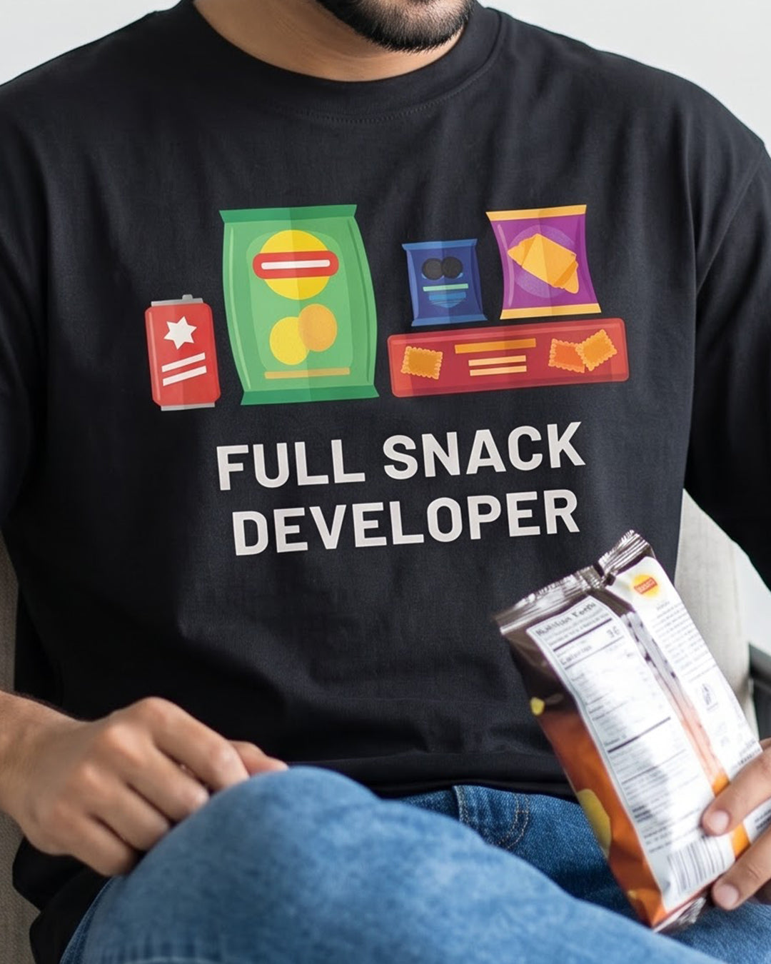 Full Snack Developer- Black Round Neck Coding T-shirt