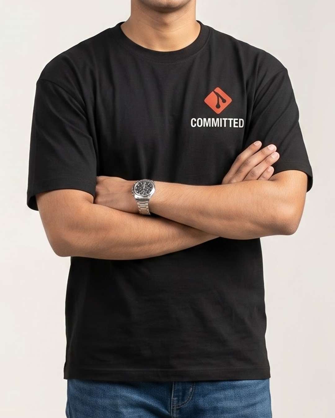 Committed- Black Round Neck Coding T-shirt
