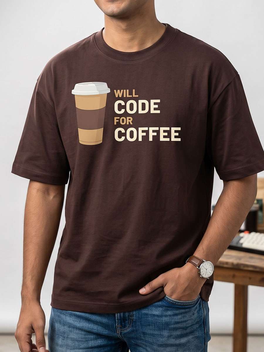 Will Code for Coffee- Coffee Brown Round Neck Coding T-shirt