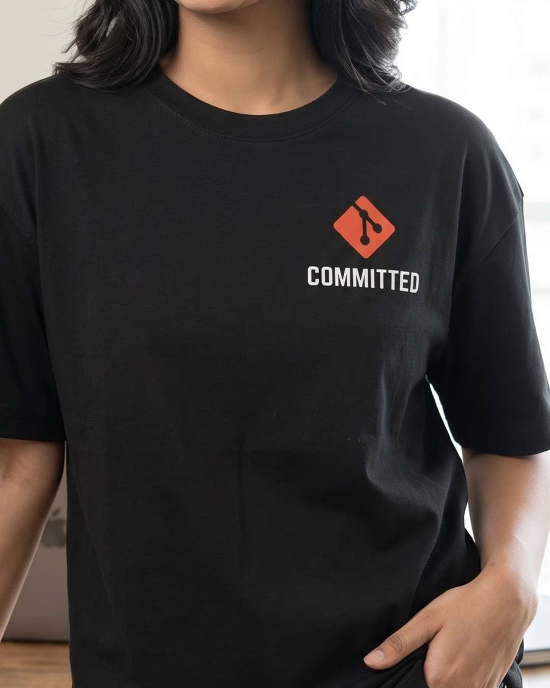 Committed- Black Round Neck Coding T-shirt