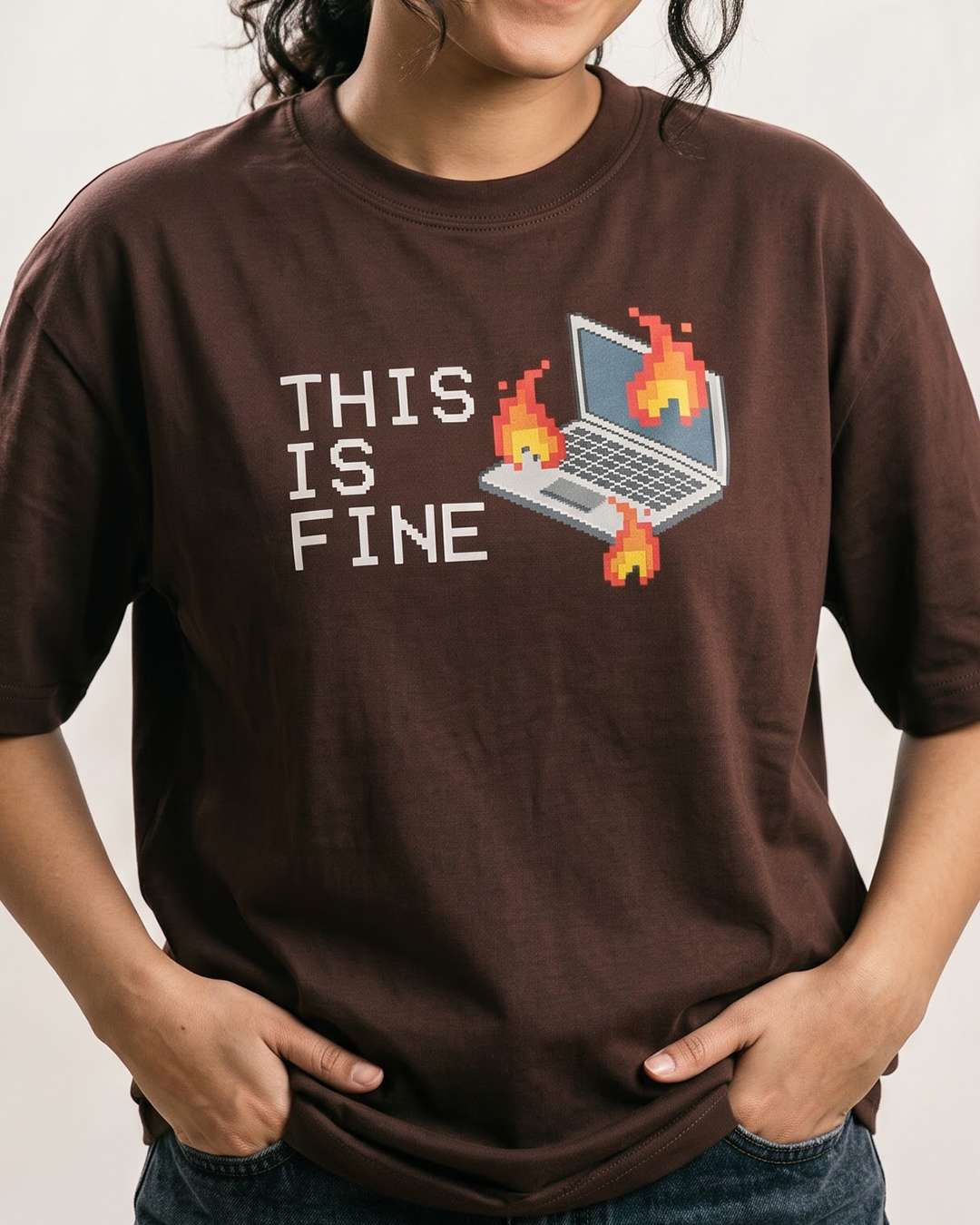 This is fine - Coffee Brown Coding Round Neck T-shirt