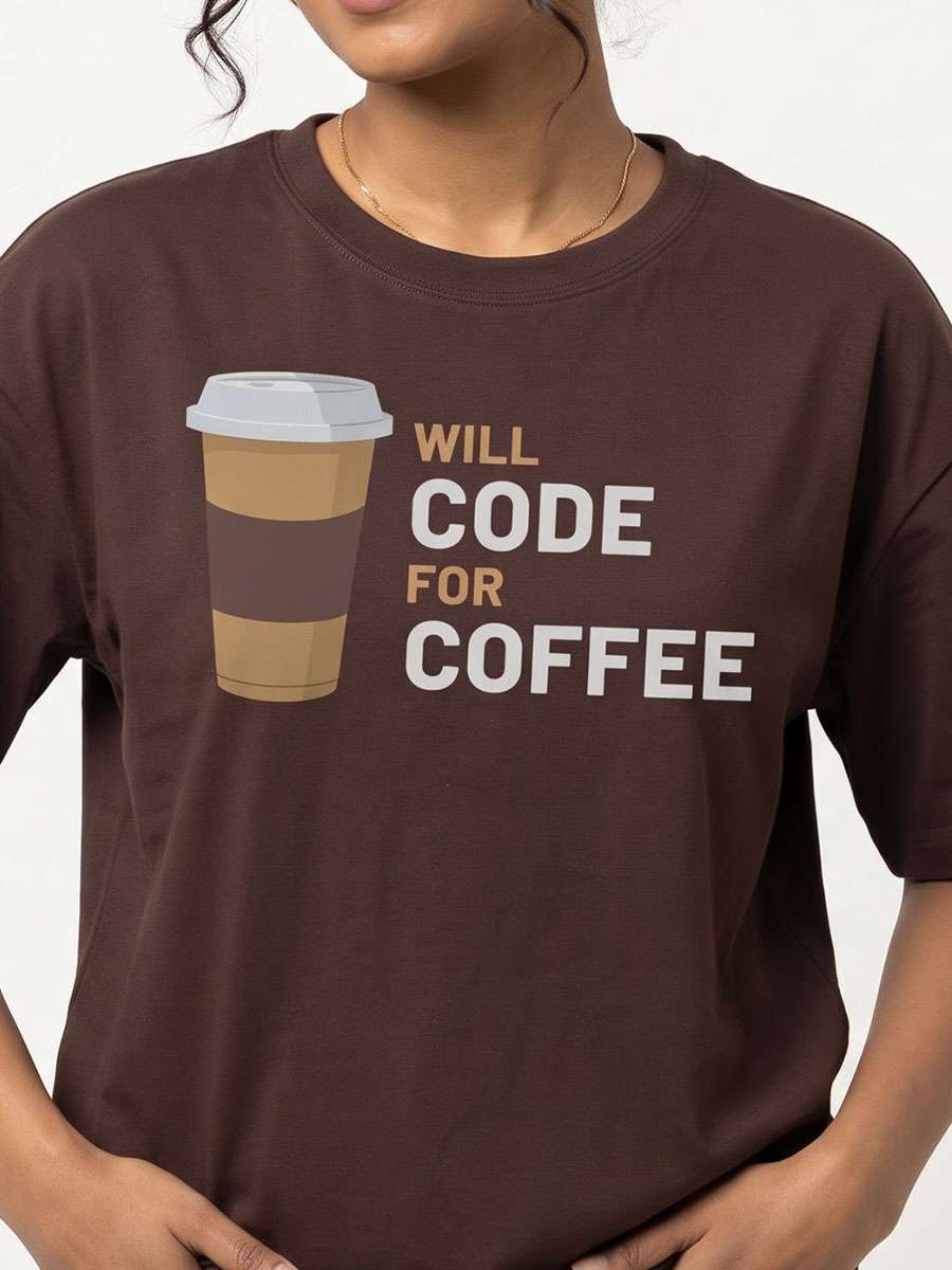 Will Code for Coffee- Coffee Brown Round Neck Coding T-shirt