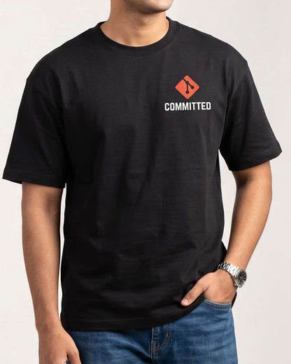 Committed- Black Round Neck Coding T-shirt