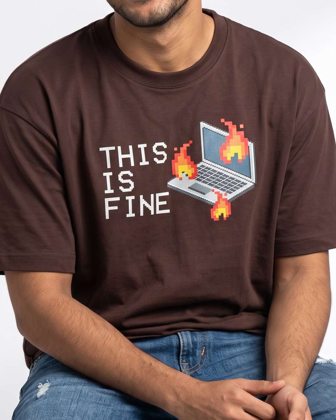 This is fine - Coffee Brown Coding Round Neck T-shirt