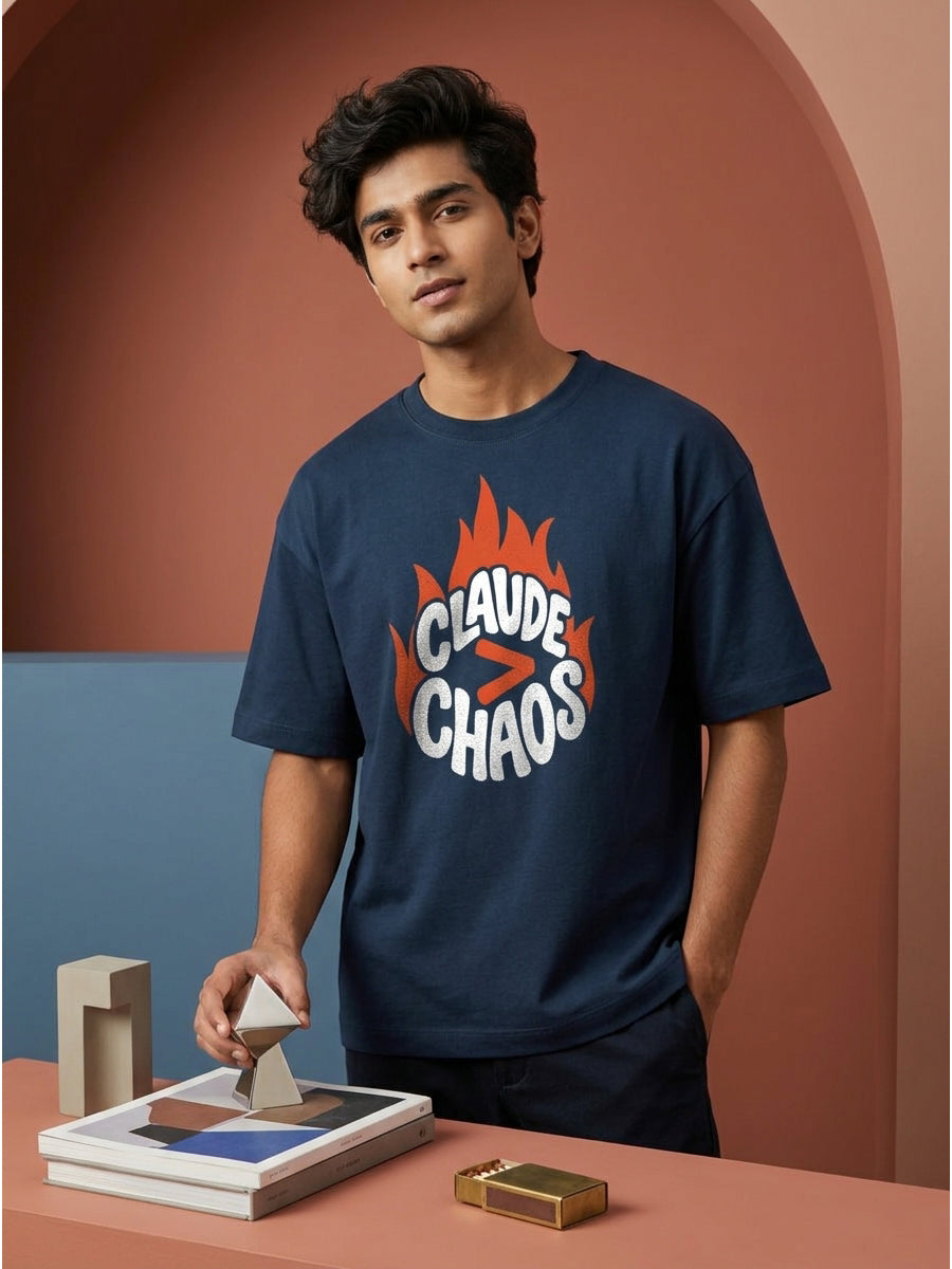 Claude Over Chaos- Navy Blue Round Neck A.I. Tshirt