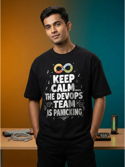 Devops Panicking- Black Round Neck Coding Tshirt