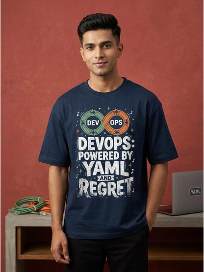 Devops Powered By YAML- Navy Blue Round Neck Coding Tshirt