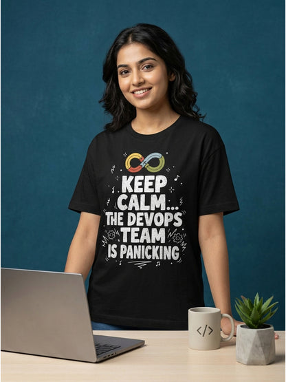Devops Panicking- Black Round Neck Coding Tshirt