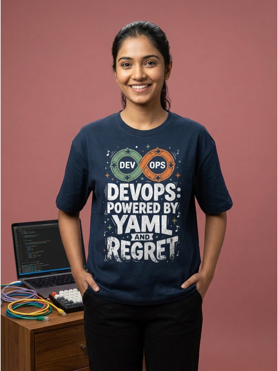 Devops Powered By YAML- Navy Blue Round Neck Coding Tshirt