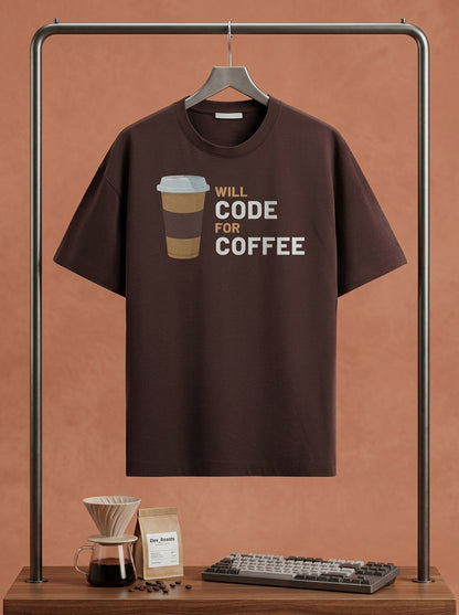 Will Code for Coffee- Coffee Brown Round Neck Coding T-shirt