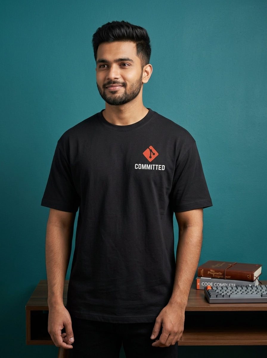 Committed- Black Round Neck Coding T-shirt