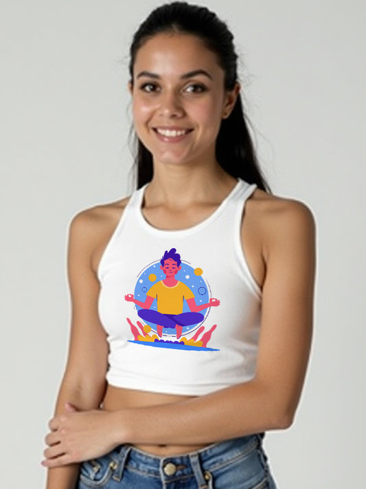 Meditation Cartoon- White Yoga Crop Tank Top