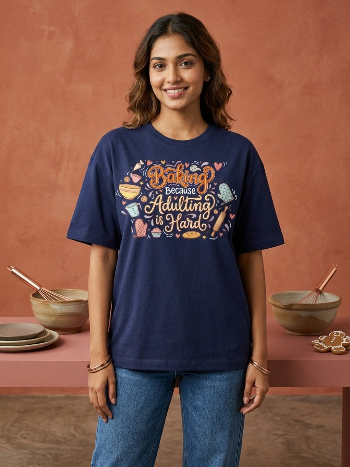 Adulting Is Hard- Navy Blue Baking Round Neck Tshirt