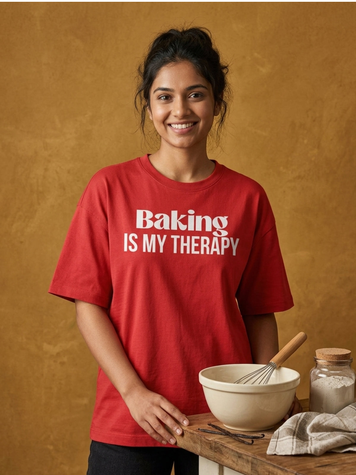 Baking is My Therapy- Red Round Neck Baking T-shirt