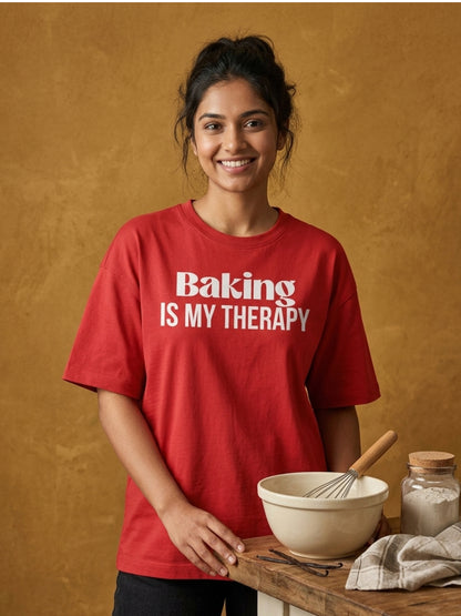 Baking is My Therapy- Red Round Neck Baking T-shirt