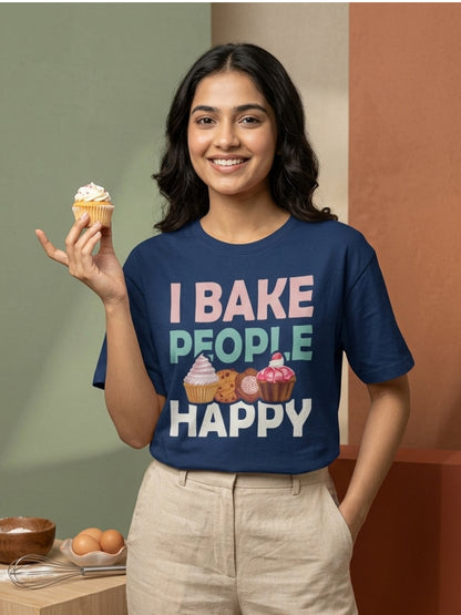 Bake People Happy- Navy Blue Round Neck Baking T-shirt