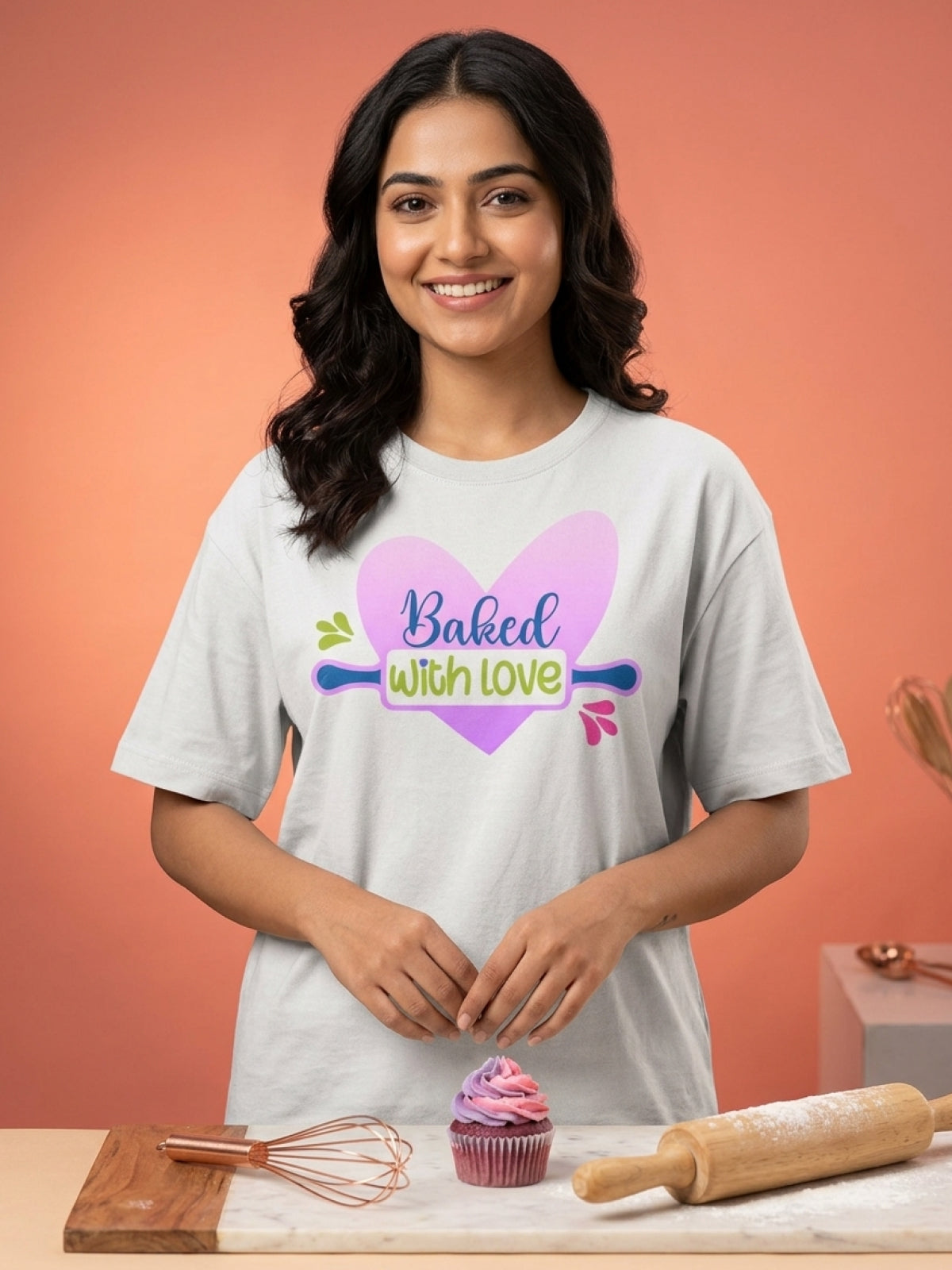 Baked with Love- White Round Neck Baking T-shirt