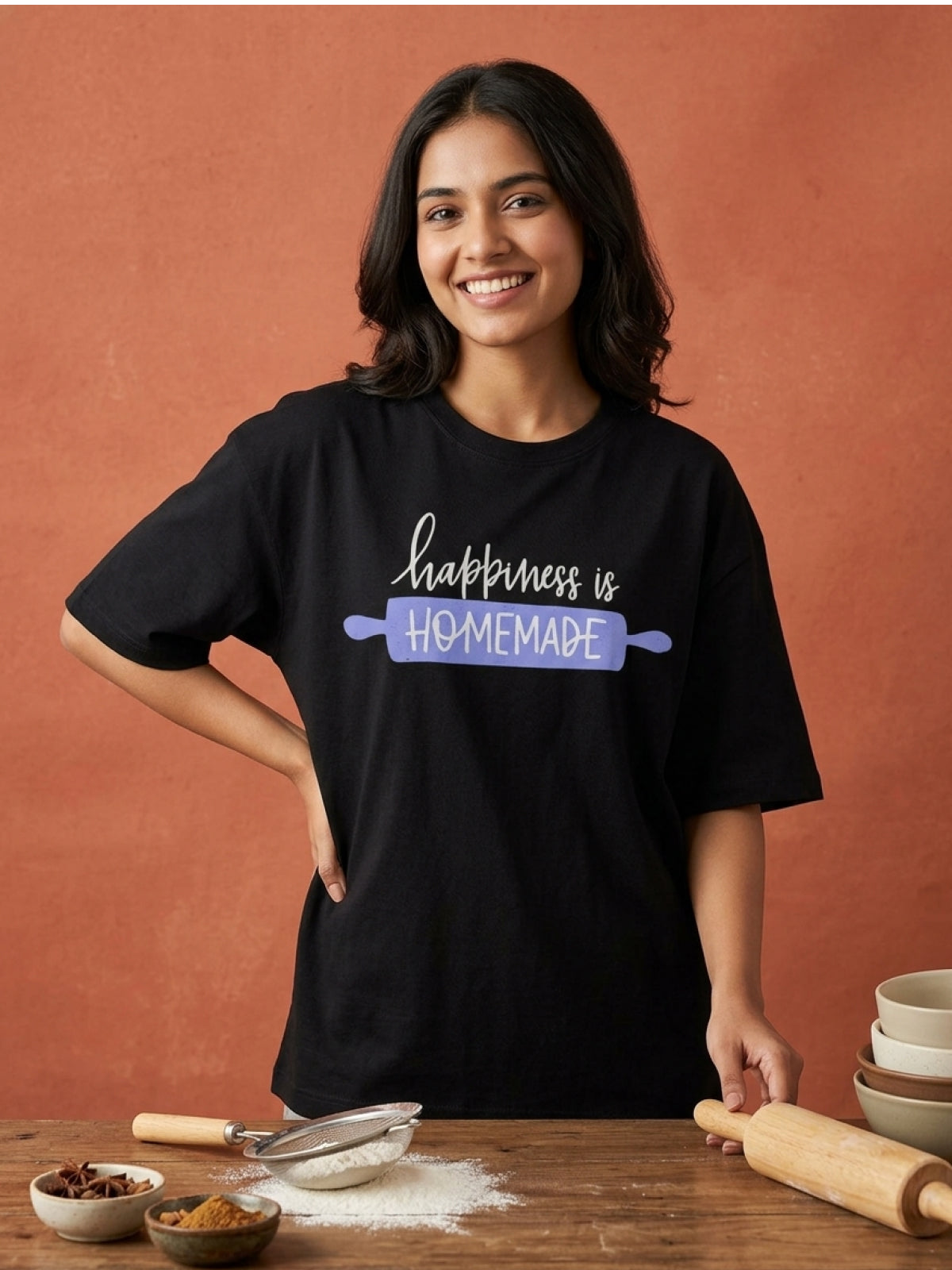 Happiness is Homemade- Black Round Neck Baking T-shirt