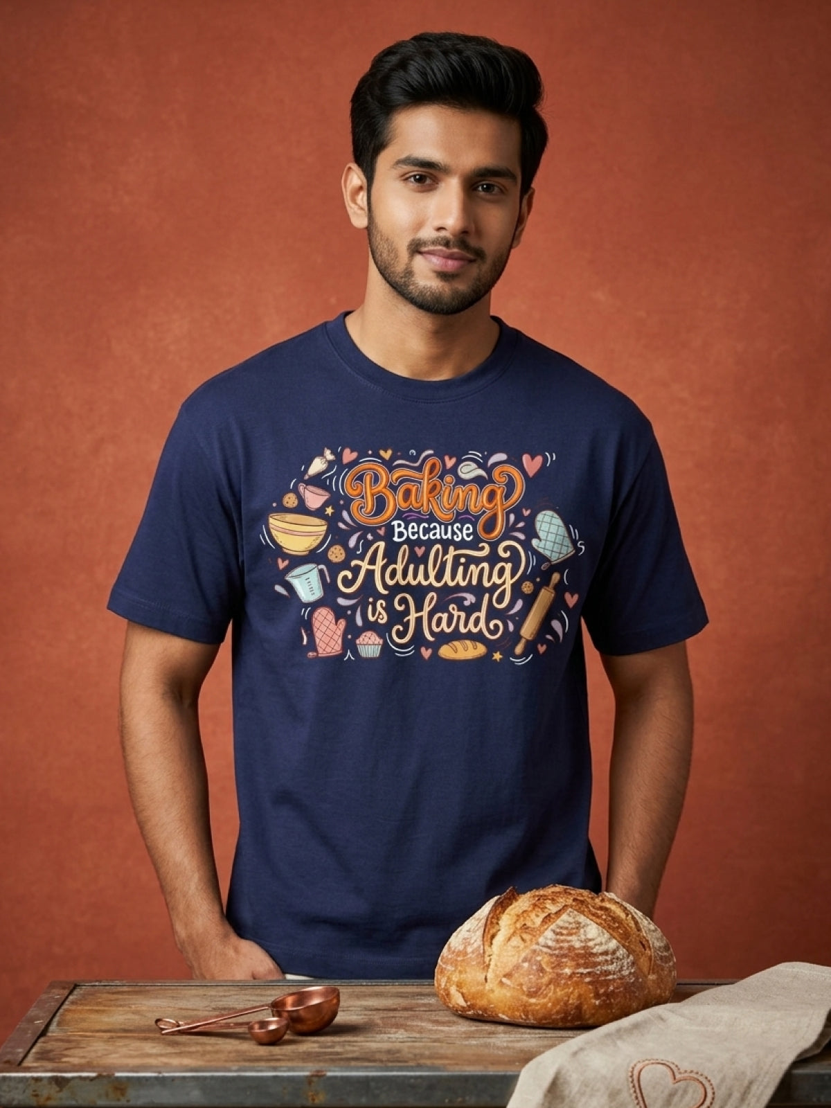 Adulting Is Hard- Navy Blue Baking Round Neck Tshirt