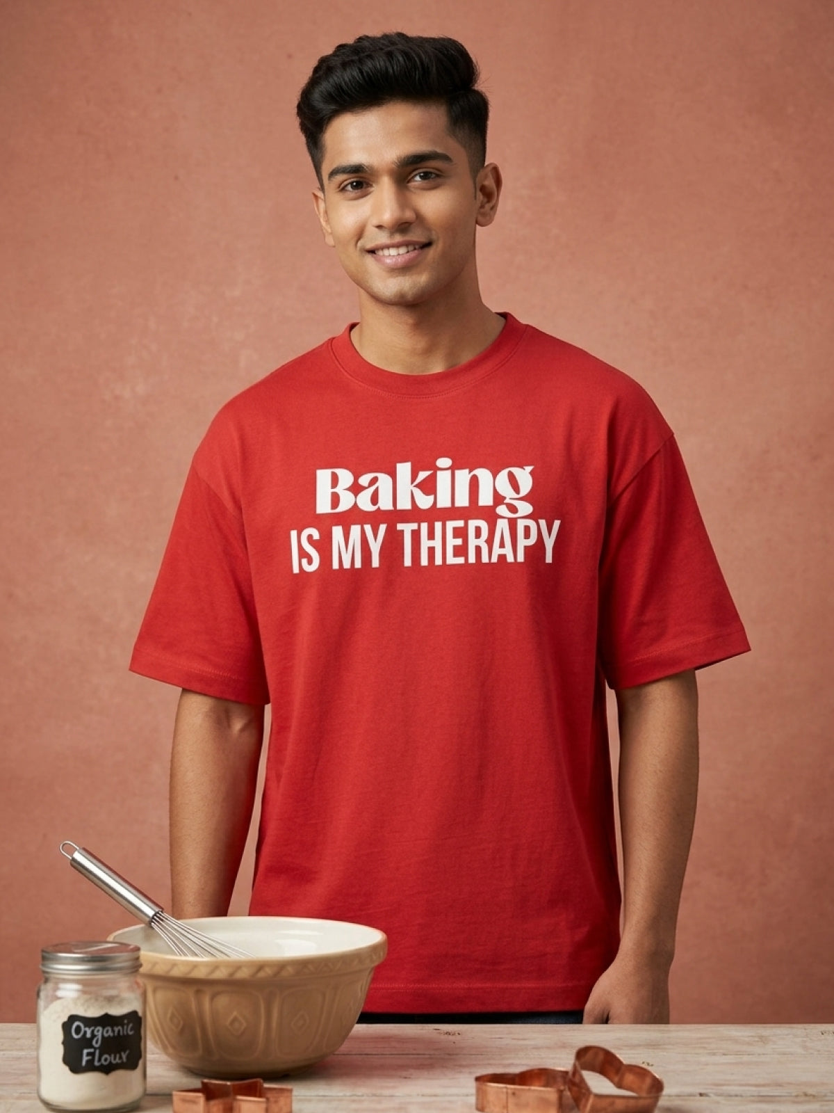 Baking is My Therapy- Red Round Neck Baking T-shirt