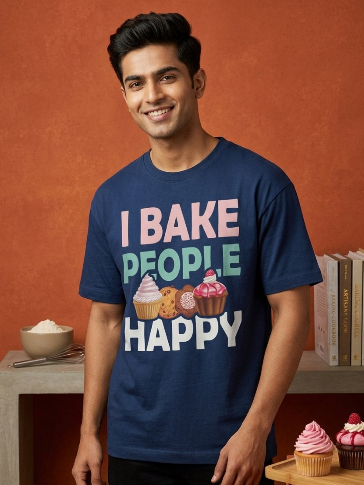 Bake People Happy- Navy Blue Round Neck Baking T-shirt