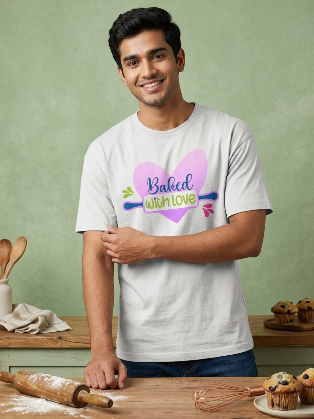 Baked with Love- White Round Neck Baking T-shirt