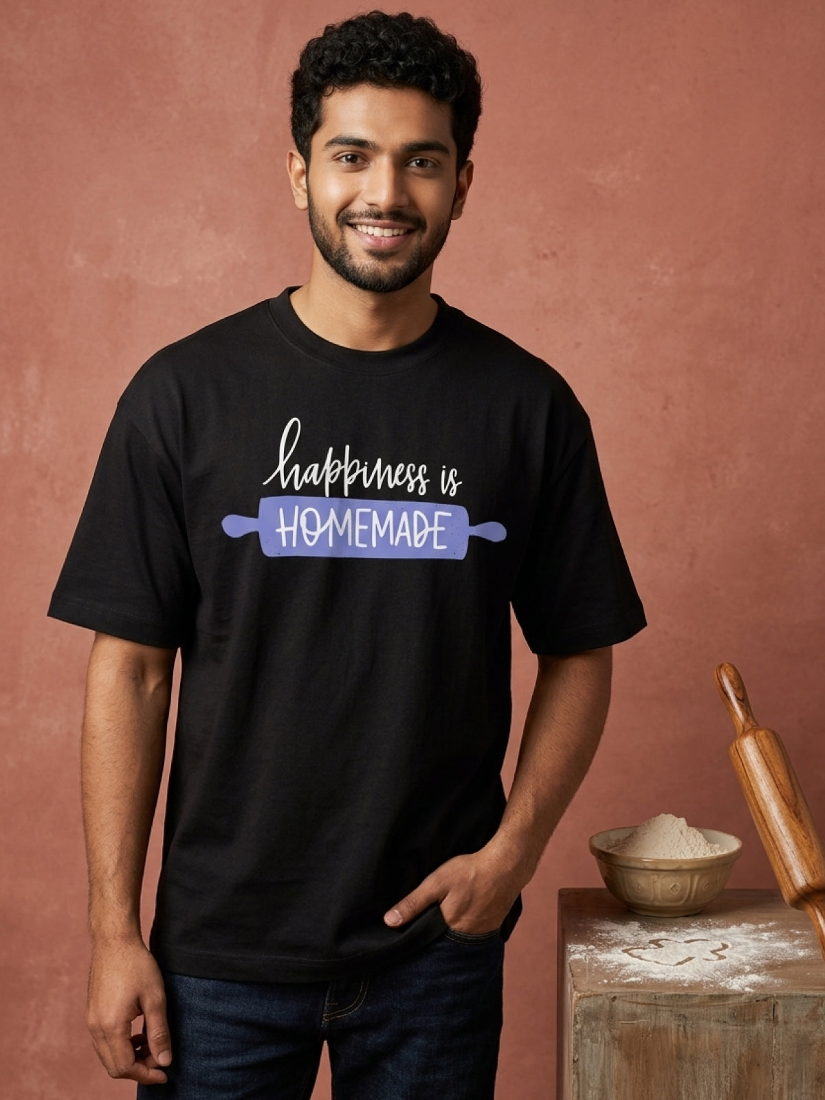 Happiness is Homemade- Black Round Neck Baking T-shirt