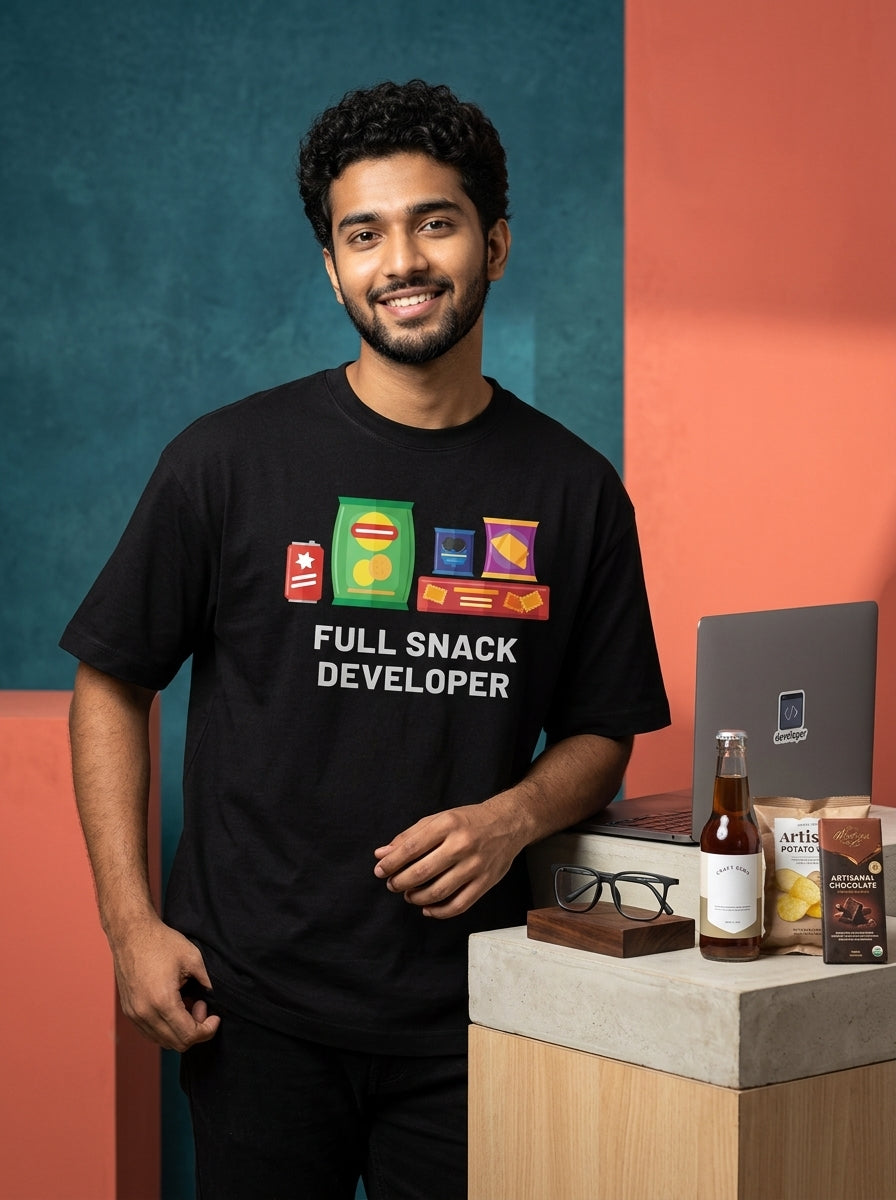 Full Snack Developer- Black Round Neck Coding T-shirt