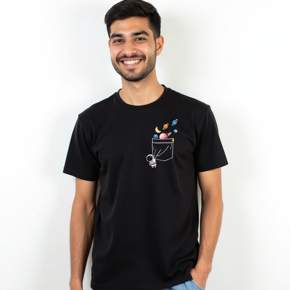 Space Pocket - Black Round Neck Graphic T-shirt