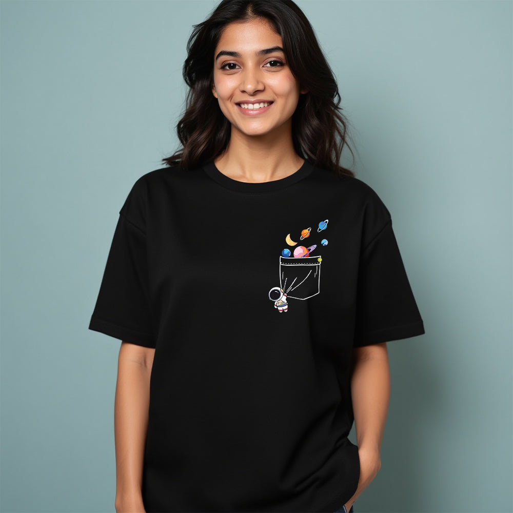 Space Pocket - Black Round Neck Graphic T-shirt