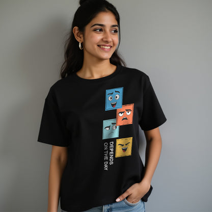 Depends on the day - Black Round Neck Graphic T-shirt