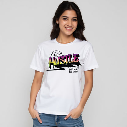 Hustle - White Round Neck Graphic T-shirt