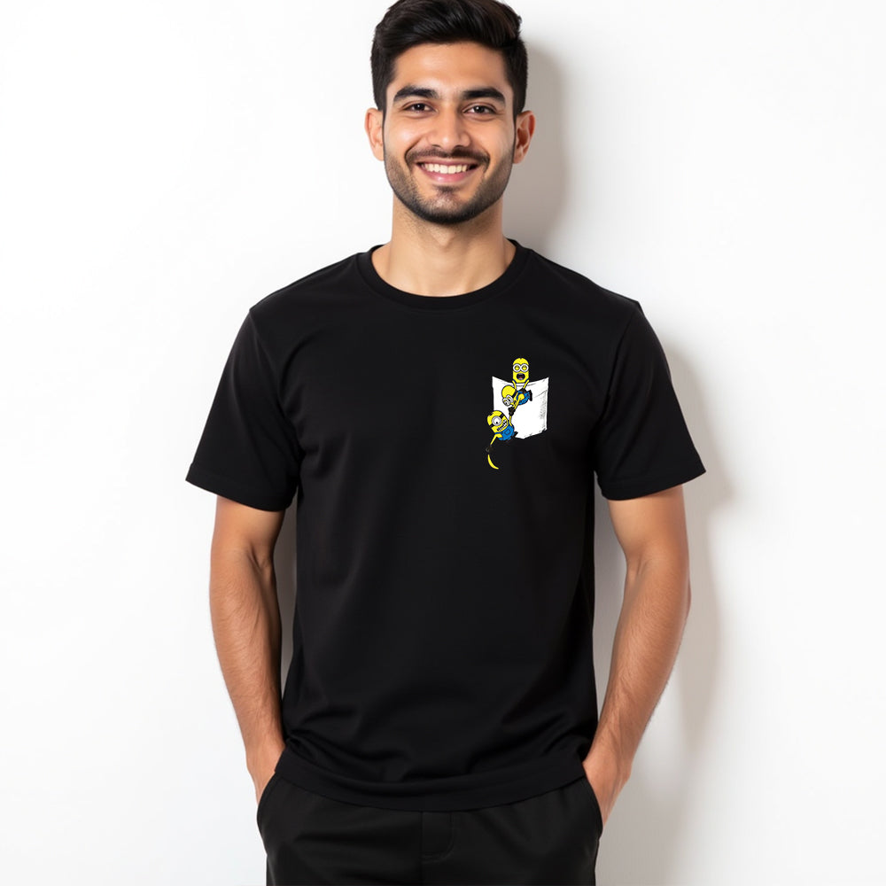 Minions Pocket - Black Round Neck Graphic T-shirt