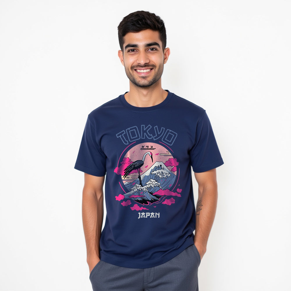Tokyo - Navy Blue Round Neck Graphic T-shirt