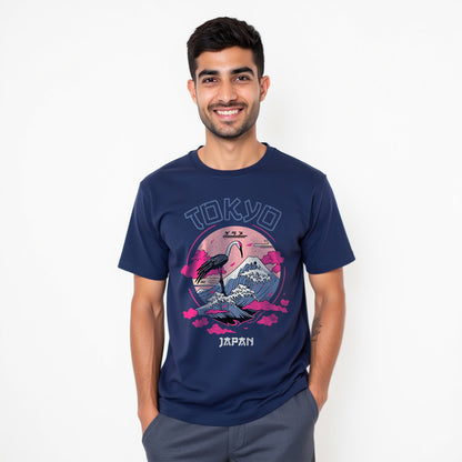 Tokyo - Navy Blue Round Neck Graphic T-shirt