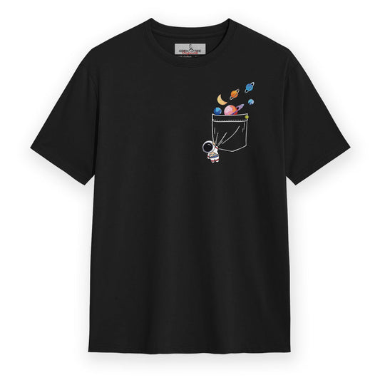 Space Pocket - Black Round Neck Graphic T-shirt