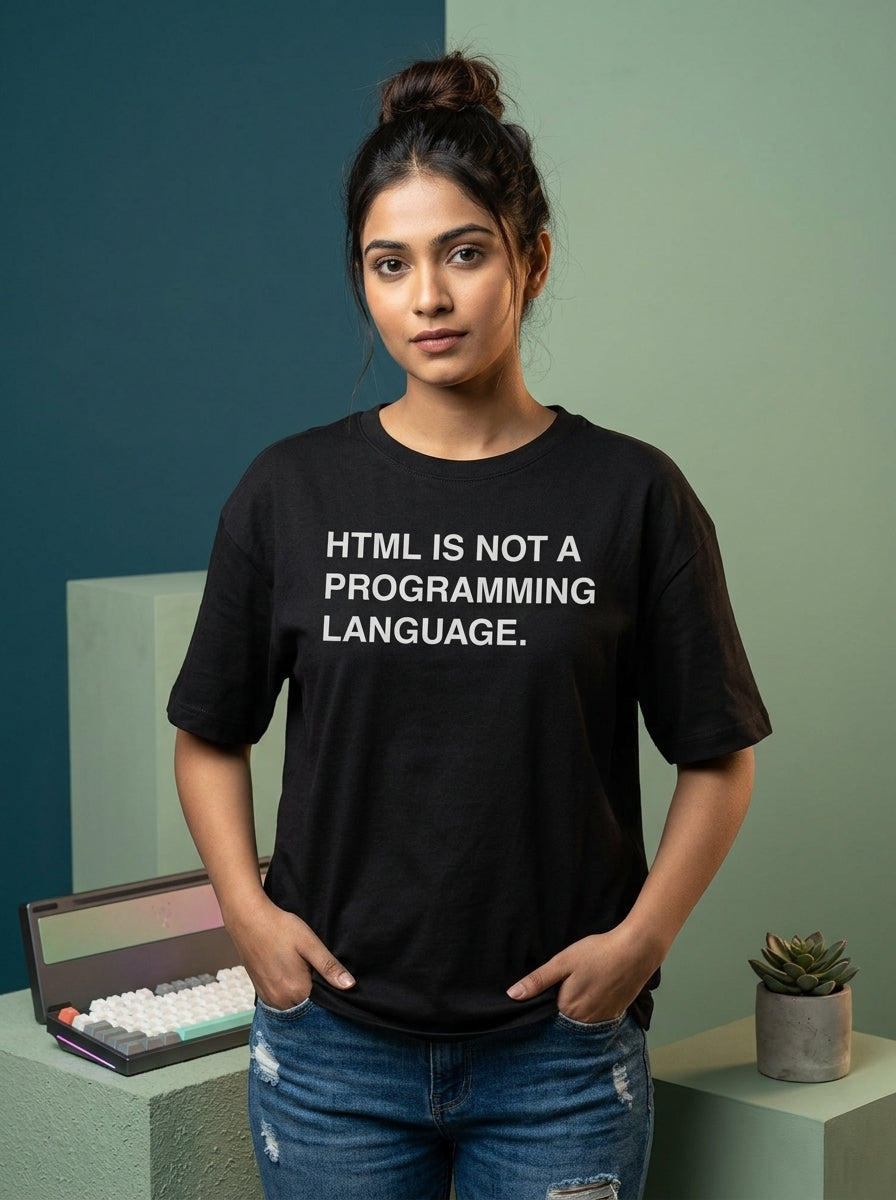 HTML Is Not- Black Round Neck Coding T-shirt