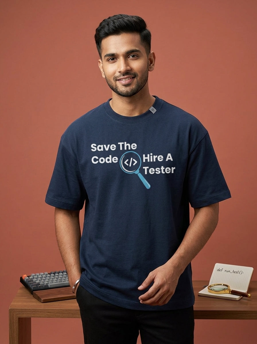 Hire A Tester- Navy Blue Round Neck Coding T-shirt