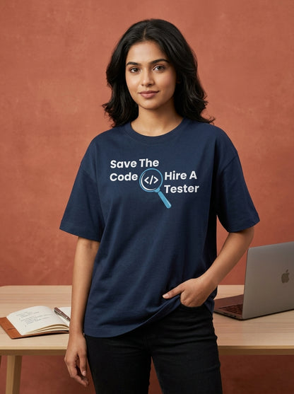 Hire A Tester- Navy Blue Round Neck Coding T-shirt