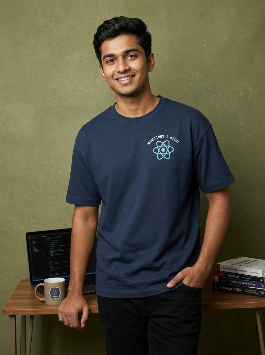I Might React - Navy Blue Coding Round Neck T-shirt